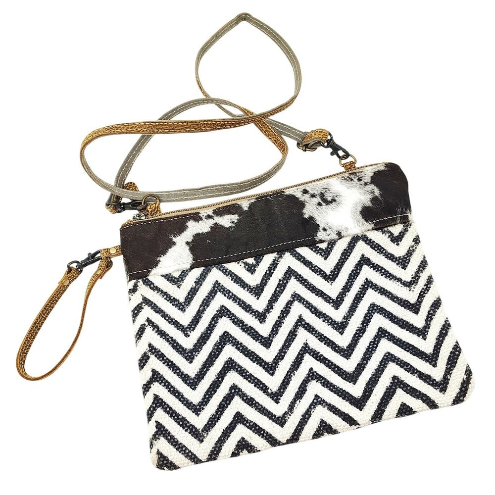Myra Chevron Canvas Chevron Crossbody Bag Purse Cow Hair Boho Western